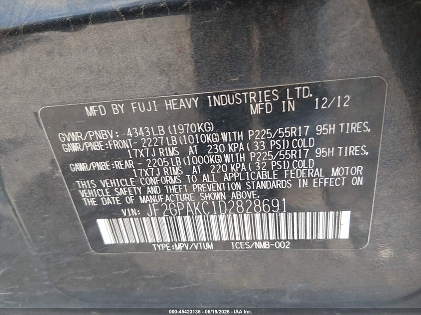 2013 Subaru Xv VIN JF2GPAKC1D2828691 IAAI salvage auction — RIGHT SIDE, Salvage (Montana), sold $1,900 on 2026-07-29 (photo 9)
