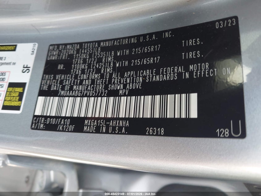 2023 Toyota Corolla cross VIN 7MUAAABG7PV057732 IAAI salvage auction — LEFT FRONT, Salvage Title, sold $7,025 on 2026-07-29 (photo 9)