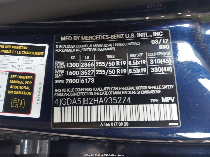 2017 Mercedes-benz Gle VIN 4JGDA5JB2HA935274 IAAI salvage auction — FRONT END, Salvage Title, sold $7,800 on 2026-07-30 (photo 9)
