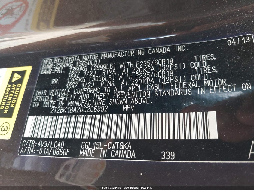 2013 Lexus Rx VIN 2T2BK1BA2DC206992 IAAI salvage auction — LEFT FRONT, Salvage (Virginia), sold $6,500 on 2026-07-10 (photo 9)
