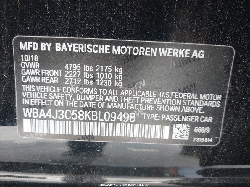 2019 BMW 4er VIN WBA4J3C58KBL09498 IAAI salvage auction — FRONT END, Mv-907A (New York), sold $7,800 on 2026-08-13 (photo 9)