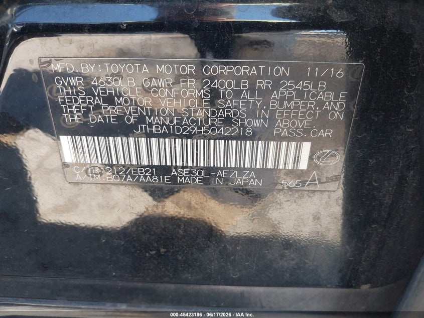 2017 Lexus VIN JTHBA1D29H5042218 IAAI salvage auction — REAR END, Salvage (California), sold $4,050 on 2026-07-07 (photo 9)