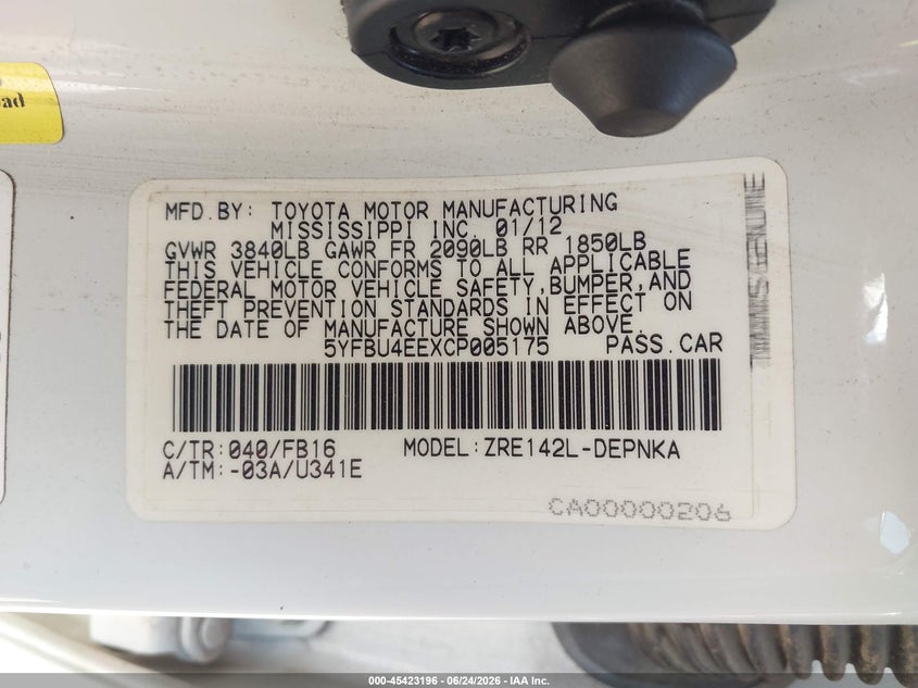 2012 Toyota Corolla VIN 5YFBU4EEXCP005175 IAAI salvage auction — FRONT END, Salvage (Texas), sold $2,250 on 2026-07-28 (photo 9)