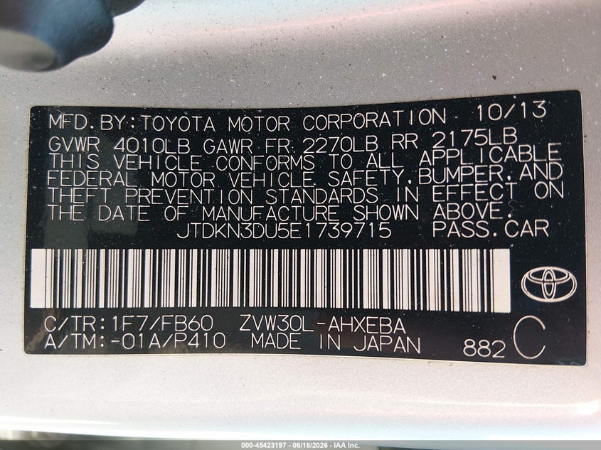 2014 Toyota Prius VIN JTDKN3DU5E1739715 IAAI salvage auction — NORMAL WEAR, Clear (South Carolina), sold $2,500 on 2026-07-14 (photo 9)