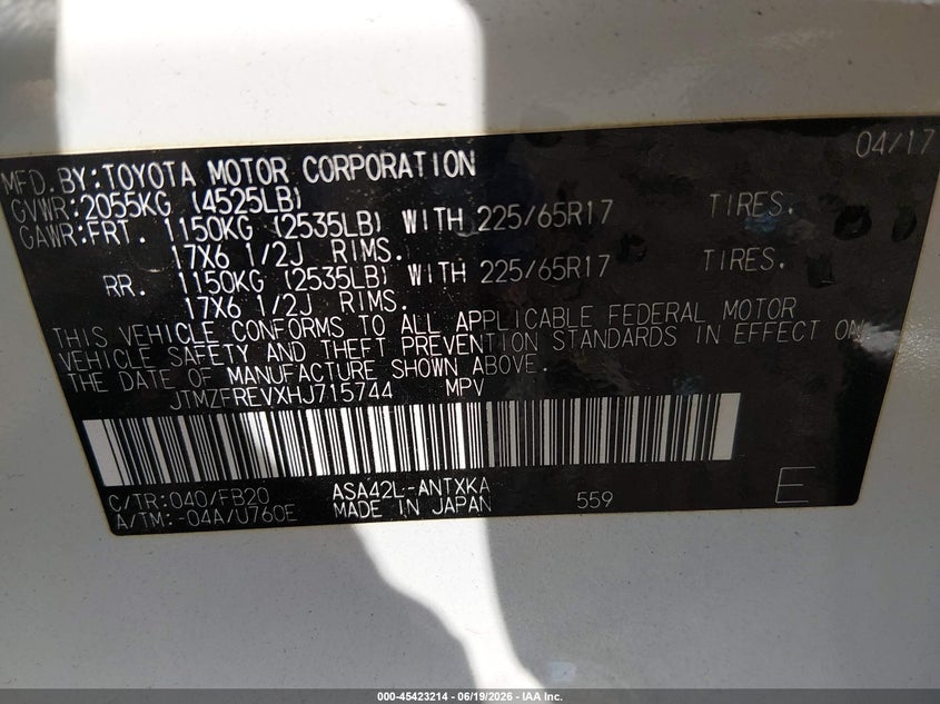 2017 Toyota Rav 4 VIN JTMZFREVXHJ715744 IAAI salvage auction — SIDE, Salvage (Georgia), sold $3,650 on 2026-07-20 (photo 9)