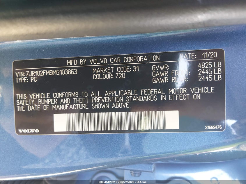 2021 Volvo S60 VIN 7JR102FM9MG103863 IAAI salvage auction — LEFT FRONT, Bill Of Sale (Washington), sold $6,500 on 2026-07-29 (photo 9)