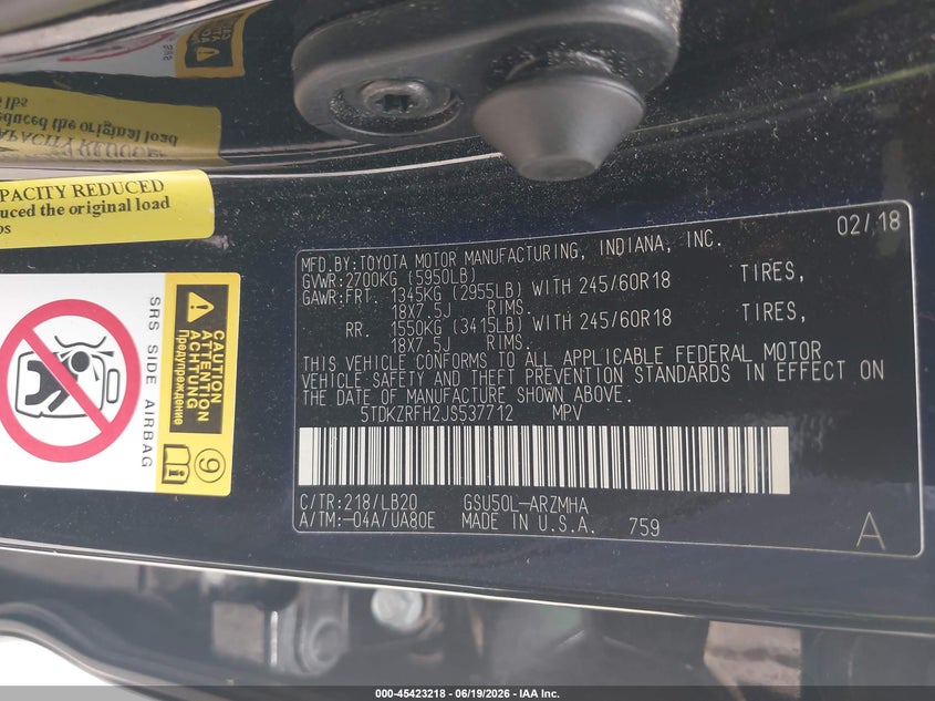 2018 Toyota Highlander VIN 5TDKZRFH2JS537712 IAAI salvage auction — FRONT END, Salvage (Texas), sold $4,450 on 2026-07-29 (photo 9)