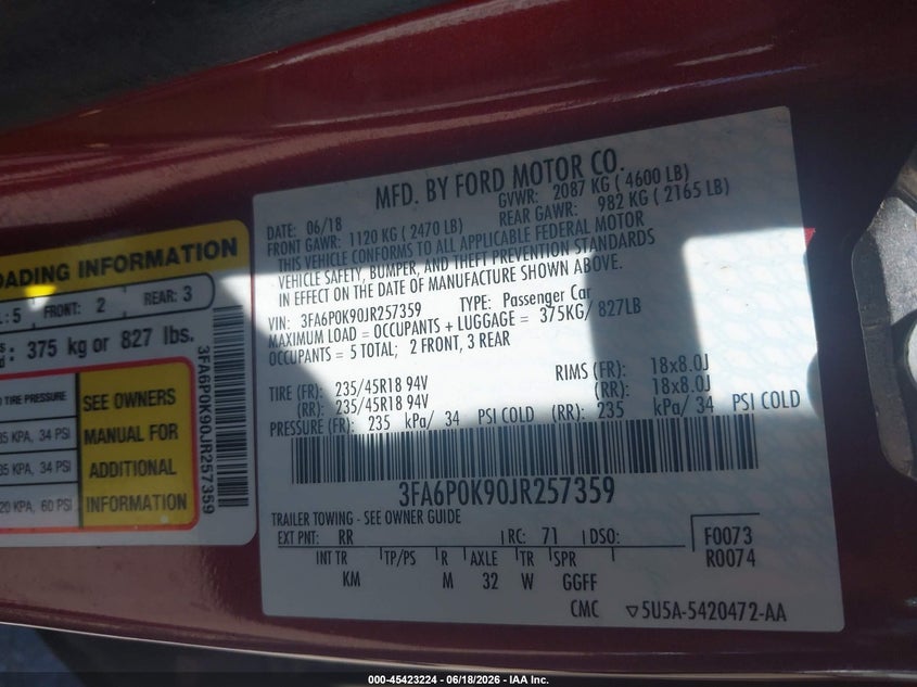 2018 Ford Fusion VIN 3FA6P0K90JR257359 IAAI salvage auction — LEFT REAR, Salvage (Arizona), sold $3,300 on 2026-07-09 (photo 9)