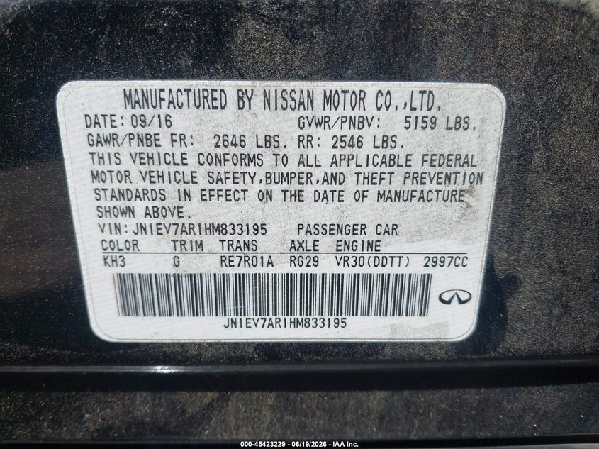 2017 Infiniti Q50 VIN JN1EV7AR1HM833195 IAAI salvage auction — ALL OVER, Salvage (Idaho), sold $1,700 on 2026-07-08 (photo 9)