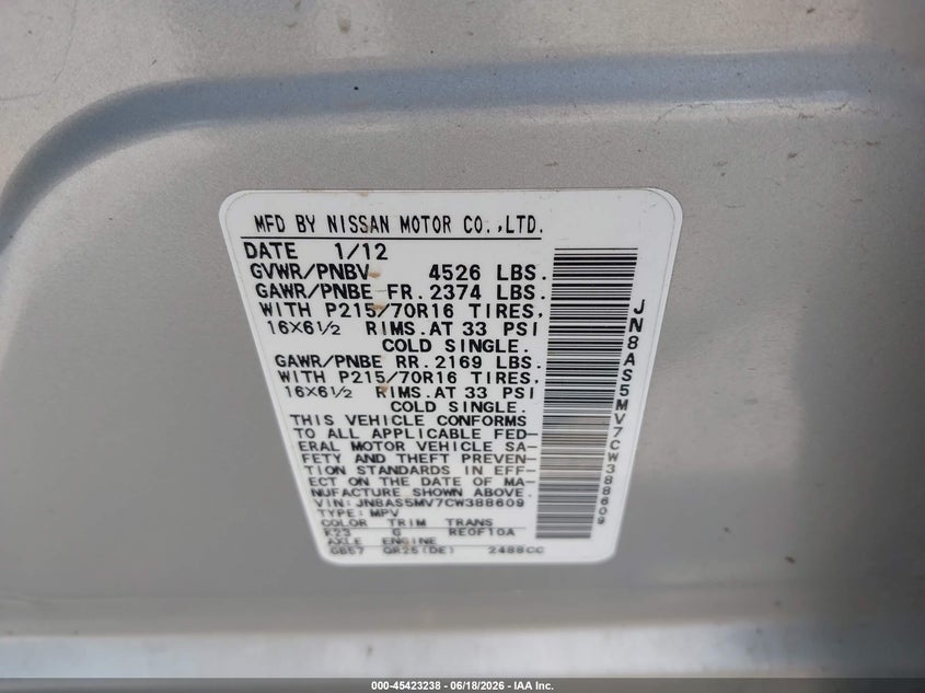 2012 Nissan Rogue VIN JN8AS5MV7CW388609 IAAI salvage auction — FRONT & REAR, Salvage (Iowa), sold $325 on 2026-07-18 (photo 9)