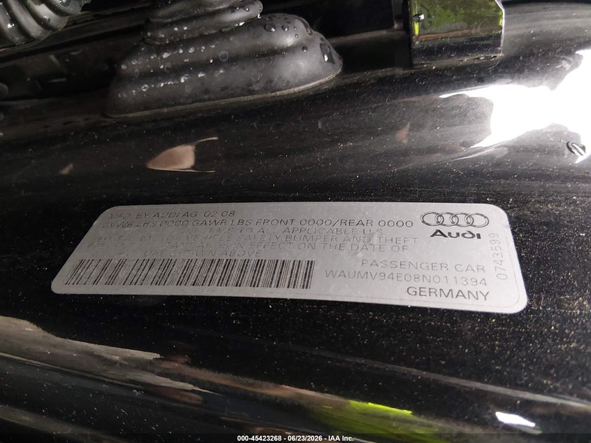 2008 Audi A8 VIN WAUMV94E08N011394 IAAI salvage auction — FRONT END, Salvage (Tennessee), sold $25 on 2026-07-08 (photo 9)