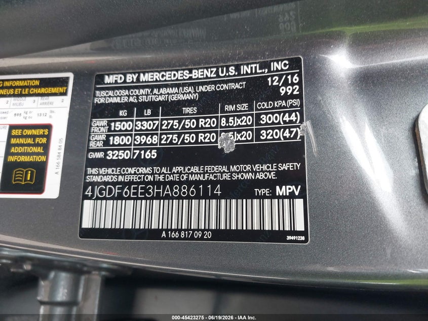 2017 Mercedes-benz Gls-klasse VIN 4JGDF6EE3HA886114 IAAI salvage auction — FRONT END, Salvage Title, sold $8,150 on 2026-07-29 (photo 9)