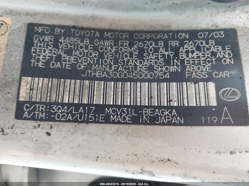 2004 Lexus Es 330 VIN JTHBA30G045000754 IAAI salvage auction — ENGINE BURN, Clear (Virginia), sold $325 on 2026-07-14 (photo 9)
