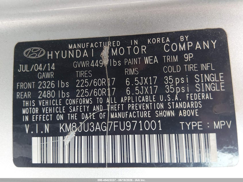 2015 Hyundai Tucson VIN KM8JU3AG7FU971001 IAAI salvage auction — FRONT END, Salvage Title, sold $900 on 2026-08-02 (photo 9)