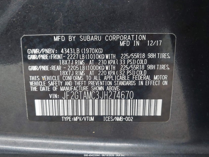 2018 Subaru Crosstrek VIN JF2GTAMC3JH274670 IAAI salvage auction — NORMAL WEAR, Clear (New Jersey), sold $2,500 on 2026-07-22 (photo 9)