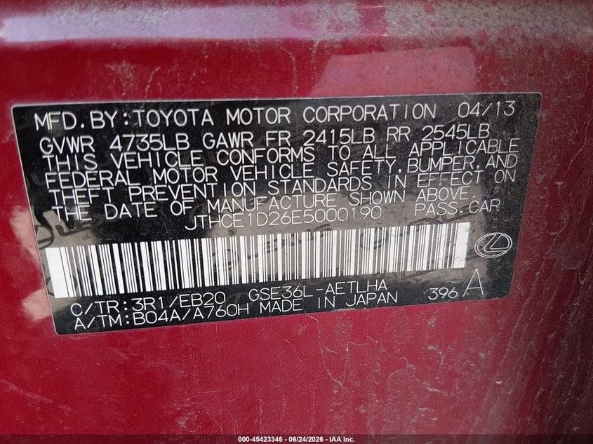 2014 Lexus Is VIN JTHCE1D26E5000190 IAAI salvage auction — FRONT END, Salvage Title, sold $6,300 on 2026-08-01 (photo 9)