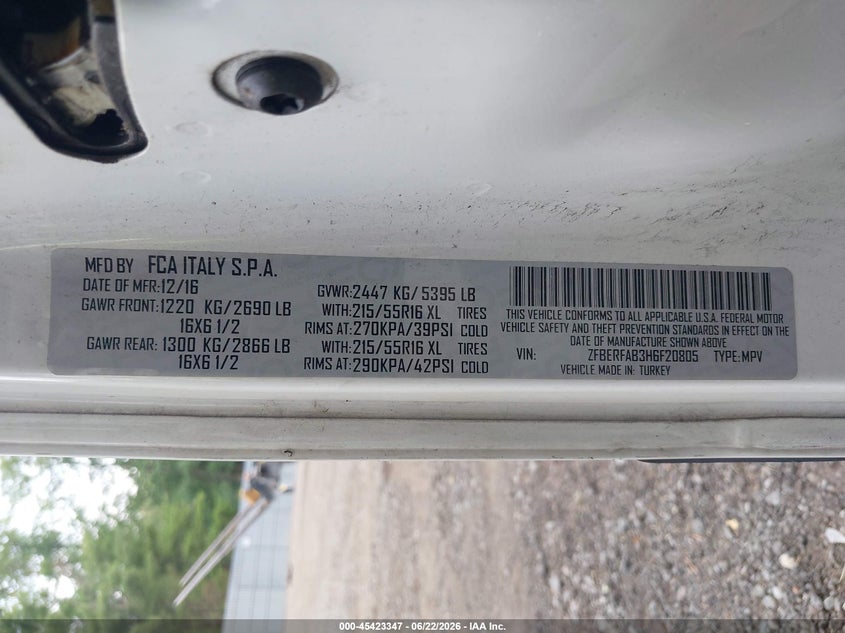 2017 Ram Promaster city VIN ZFBERFAB3H6F20805 IAAI salvage auction — FRONT END, Salvage Title, sold $1,550 on 2026-07-22 (photo 9)