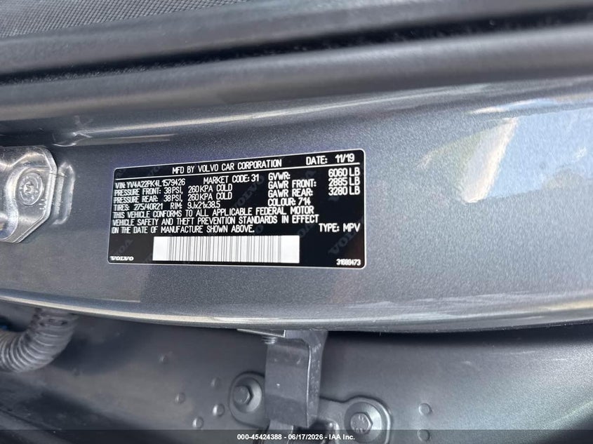 2020 Volvo Xc90 VIN YV4A22PK4L1579426 IAAI salvage auction — NORMAL WEAR, Salvage Title, sold $8,575 on 2026-07-29 (photo 9)