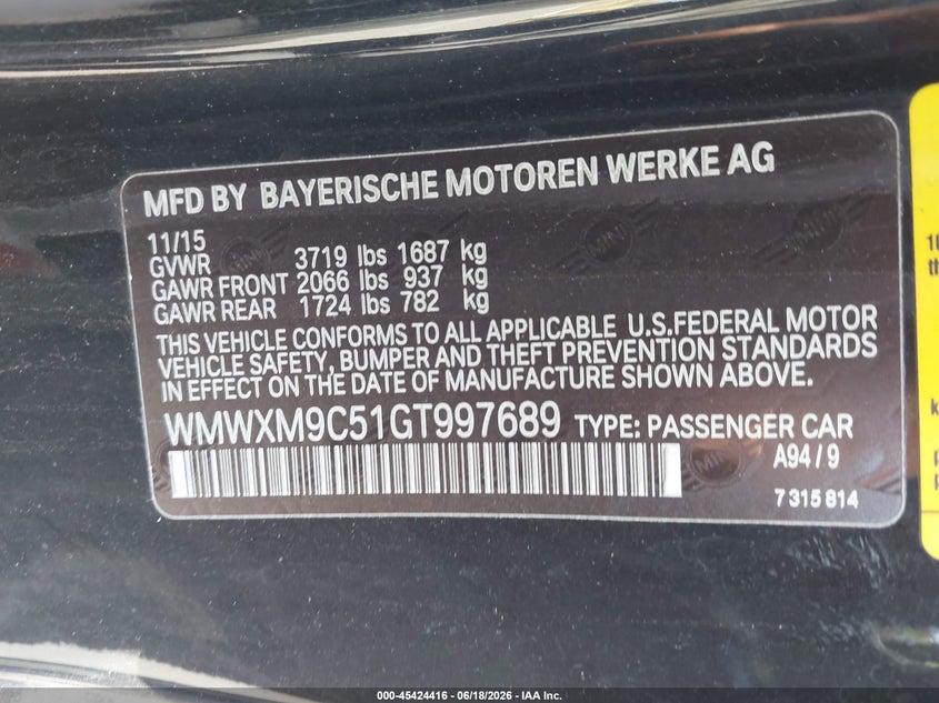2016 Mini Hard top VIN WMWXM9C51GT997689 IAAI salvage auction — UNKNOWN, Salvage Title, sold $1,375 on 2026-08-25 (photo 9)