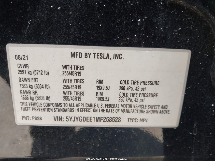 2021 Tesla Model y VIN 5YJYGDEE1MF258528 IAAI salvage auction — LEFT SIDE, Clear (Texas), sold $6,550 on 2026-07-21 (photo 9)