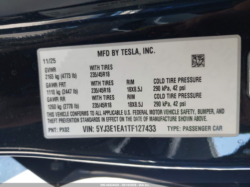 2026 Tesla Model 3 VIN 5YJ3E1EA1TF127433 IAAI salvage auction — LEFT FRONT, Salvage Title, sold $11,600 on 2026-07-28 (photo 9)
