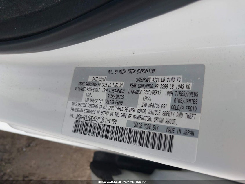 2024 Mazda Cx-5 VIN JM3KFBCL6R0472118 IAAI salvage auction — FRONT END, Salvage (Massachusetts), sold $8,100 on 2026-07-24 (photo 9)