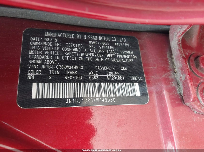 2019 Nissan Rogue VIN JN1BJ1CR6KW349950 IAAI salvage auction — ROOF, Mv-907A (New York), sold $3,100 on 2026-07-14 (photo 9)
