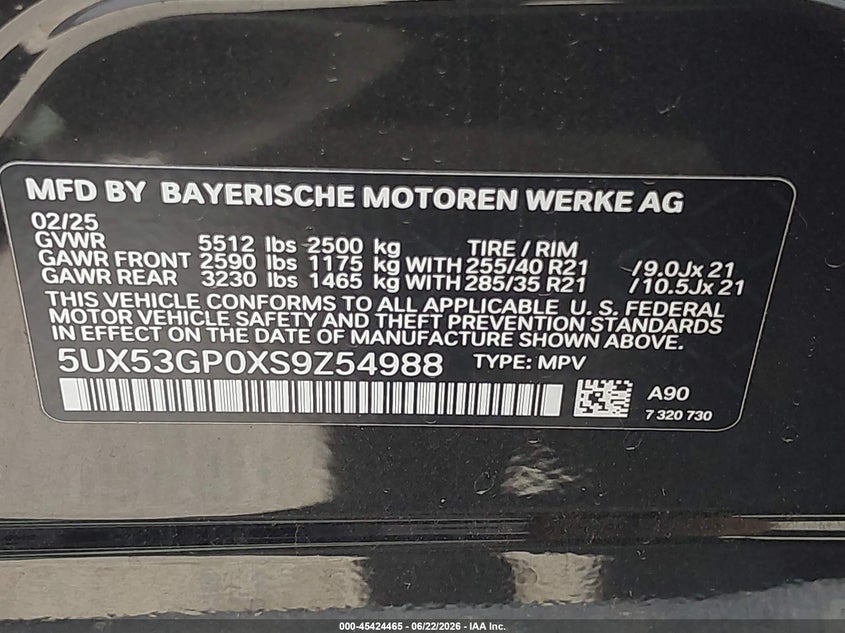2025 BMW X3 VIN 5UX53GP0XS9Z54988 IAAI salvage auction — RIGHT SIDE, Salvage Title, sold $20,300 on 2026-07-28 (photo 9)