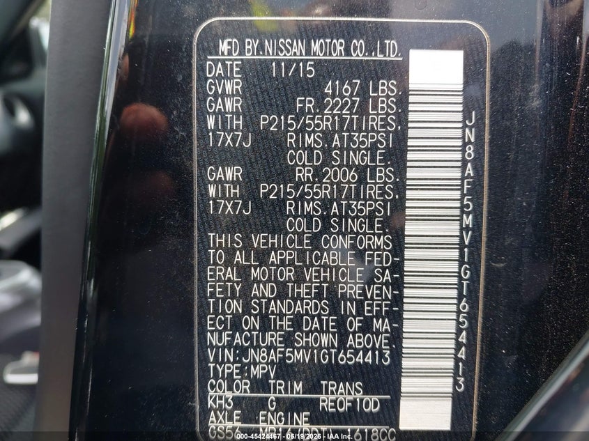 2016 Nissan Juke VIN JN8AF5MV1GT654413 IAAI salvage auction — RIGHT FRONT, Salvage Title, sold $1,550 on 2026-07-26 (photo 9)