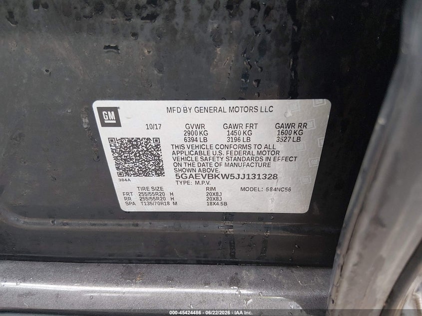 2018 Buick Enclave VIN 5GAEVBKW5JJ131328 IAAI salvage auction — FRONT END, Clear (Arkansas), sold $225 on 2026-07-30 (photo 9)
