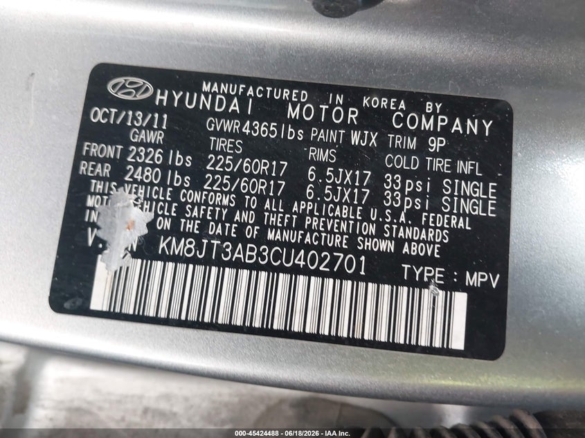 2012 Hyundai Tucson VIN KM8JT3AB3CU402701 IAAI salvage auction — FRONT END, Salvage (Illinois), sold $1,100 on 2026-07-22 (photo 9)