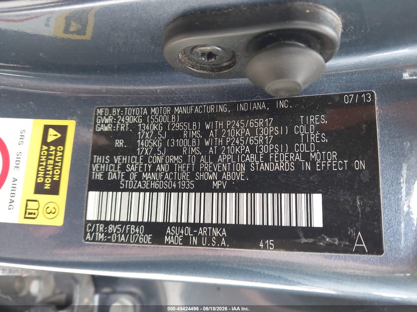 2013 Toyota Highlander VIN 5TDZA3EH6DS041935 IAAI salvage auction — NORMAL WEAR, Clear (Georgia), sold $3,800 on 2026-07-17 (photo 9)