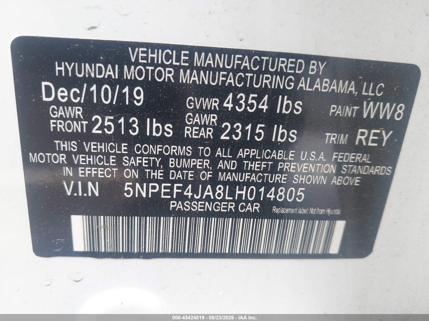 2020 Hyundai Sonata VIN 5NPEF4JA8LH014805 IAAI salvage auction — LEFT FRONT, Salvage (North Carolina), sold $4,800 on 2026-07-22 (photo 9)