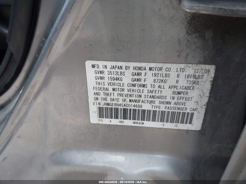 2010 Honda Fit VIN JHMGE8H45AC014688 IAAI salvage auction — NORMAL WEAR, Previous Salvage (Michigan), sold $675 on 2026-07-27 (photo 9)