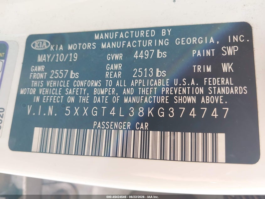 2019 Kia Optima VIN 5XXGT4L38KG374747 IAAI salvage auction — REPOSSESSION, Nrc Lienholder Repossession Paperwork (Texas), sold $4,050 on 2026-07-13 (photo 9)