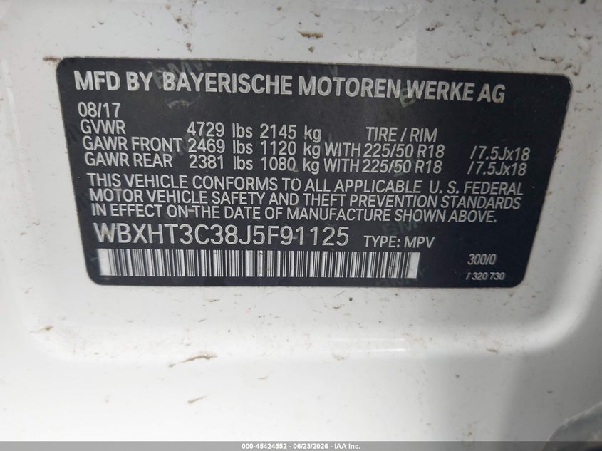 2018 BMW X1 VIN WBXHT3C38J5F91125 IAAI salvage auction — ELECTRICAL, Salvage Title, sold $25 on 2026-07-30 (photo 9)