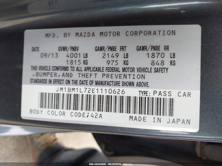 2014 Mazda 3 VIN JM1BM1L72E1110626 IAAI salvage auction — RIGHT FRONT, Salvage (Arizona), sold $575 on 2026-07-07 (photo 9)