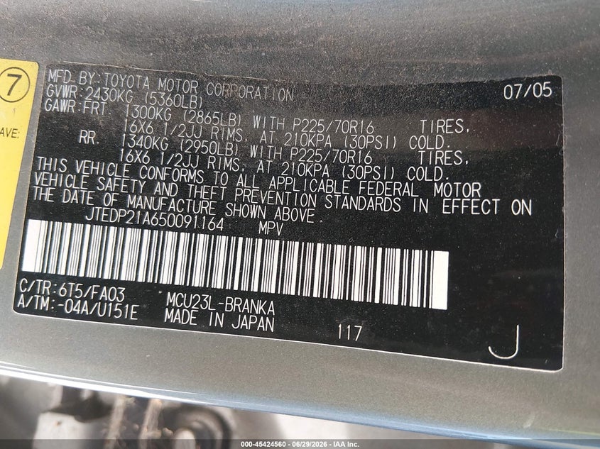 2005 Toyota Highlander VIN JTEDP21A650091164 IAAI salvage auction — NORMAL WEAR, Clear - Dealer Only (California), sold $825 on 2026-07-28 (photo 9)