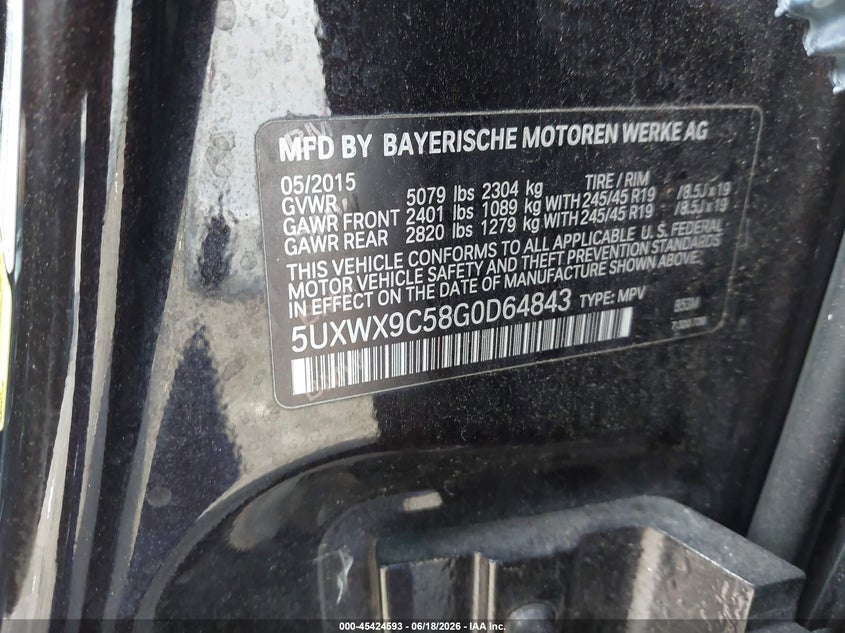 2016 BMW X3 VIN 5UXWX9C58G0D64843 IAAI salvage auction — NORMAL WEAR, Clear (Florida), sold $1,650 on 2026-07-21 (photo 9)