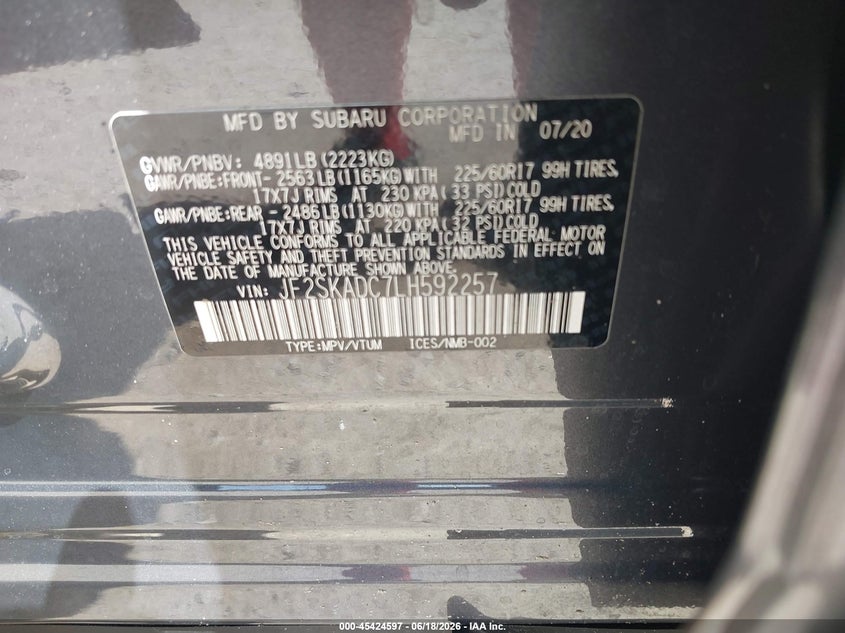 2020 Subaru Forester VIN JF2SKADC7LH592257 IAAI salvage auction — LEFT REAR, Rebuildable (Florida), sold $4,450 on 2026-07-14 (photo 9)