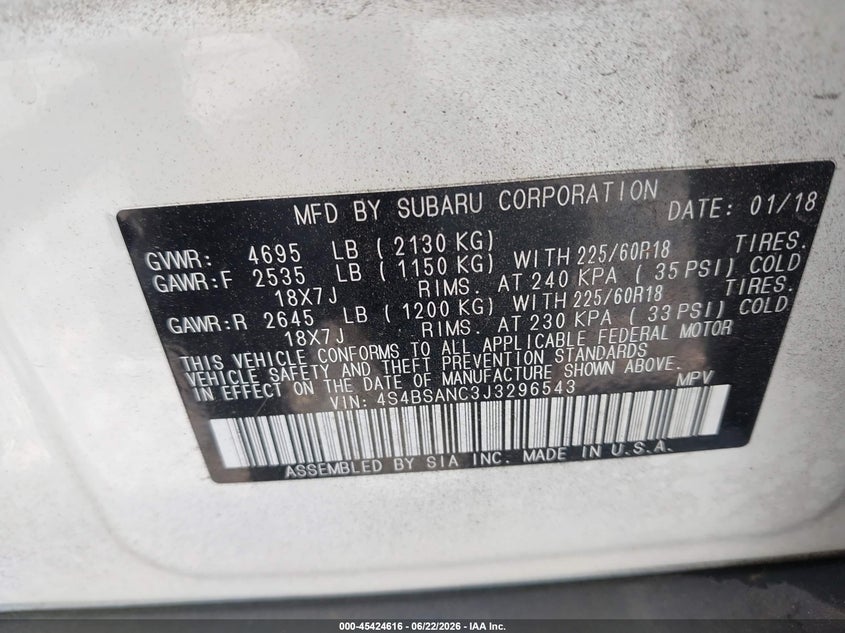 2018 Subaru Outback VIN 4S4BSANC3J3296543 IAAI salvage auction — FRONT END, Salvage Title, sold $2,500 on 2026-07-31 (photo 9)