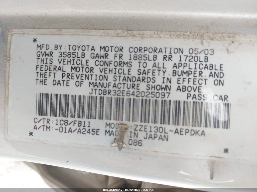 2004 Toyota Corolla VIN JTDBR32E642025097 IAAI salvage auction — NORMAL WEAR, Clear (Indiana), sold $325 on 2026-07-30 (photo 9)