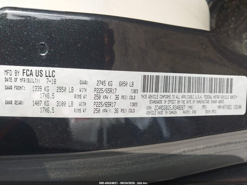 2018 Dodge Caravan VIN 2C4RDGBG5JR348267 IAAI salvage auction — NORMAL WEAR, Nrc Lienholder Repossession Paperwork (Texas), sold $8,200 on 2026-07-15 (photo 9)