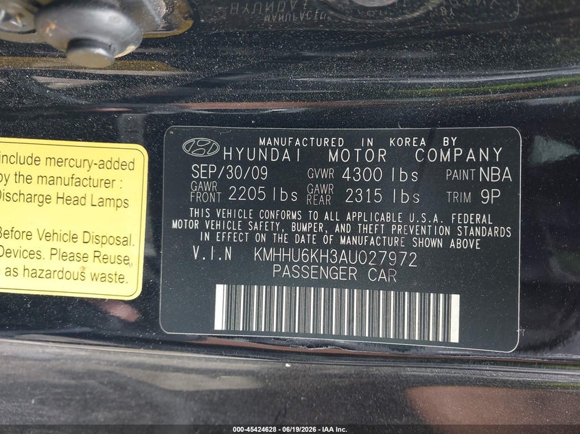 2010 Hyundai Genesis VIN KMHHU6KH3AU027972 IAAI salvage auction — REAR END, Salvage (Georgia), sold $825 on 2026-07-29 (photo 9)