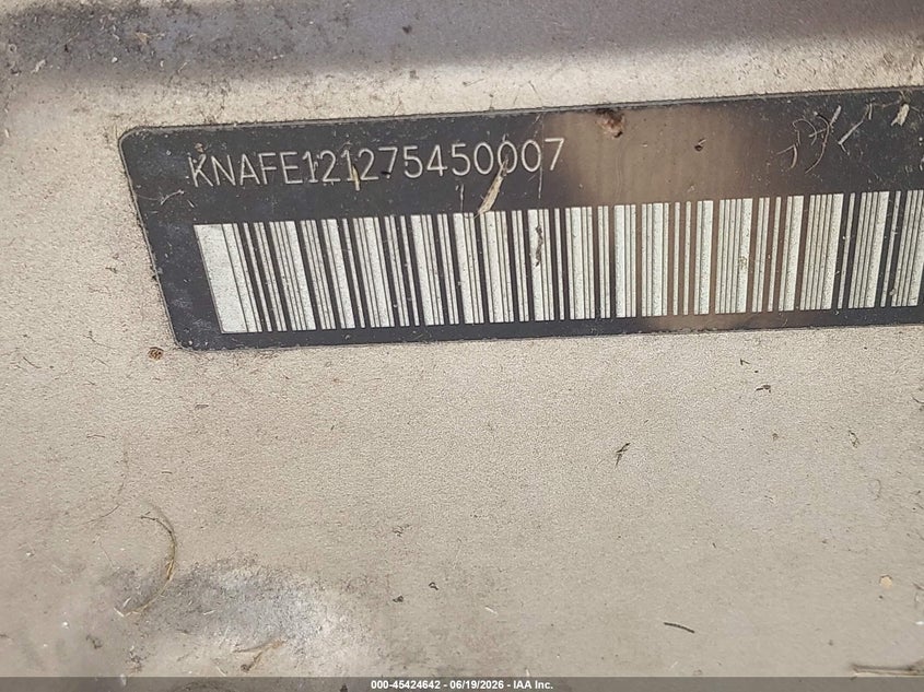 2007 Kia Spectra VIN KNAFE121275450007 IAAI salvage auction — HAIL, Original (Texas), sold $325 on 2026-07-17 (photo 9)