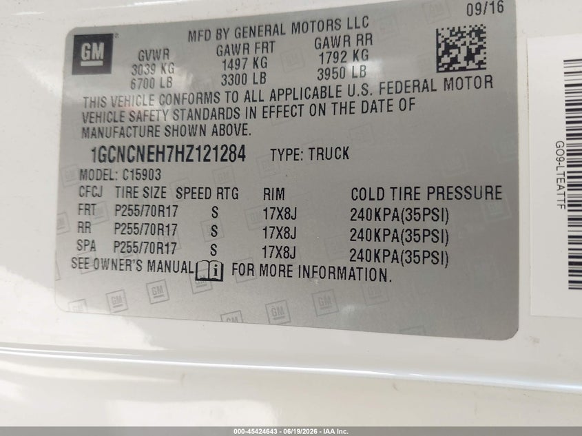 2017 Chevrolet Silverado 1500 VIN 1GCNCNEH7HZ121284 IAAI salvage auction — FRONT & REAR, SF97 (California), sold $9,100 on 2026-07-29 (photo 9)