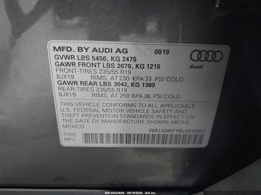 2020 Audi Q5 VIN WA1ANAFY6L2010950 IAAI salvage auction — SIDE, Salvage (North Carolina), sold $7,950 on 2026-07-16 (photo 9)