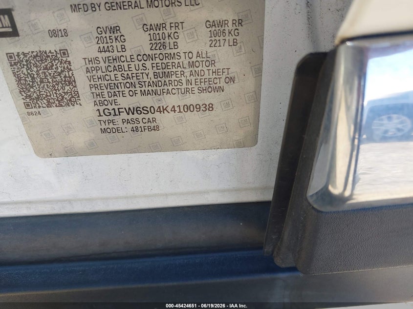 2019 Chevrolet Bolt ev VIN 1G1FW6S04K4100938 IAAI salvage auction — NORMAL WEAR, SF97 (California), sold $15,300 on 2026-07-28 (photo 9)