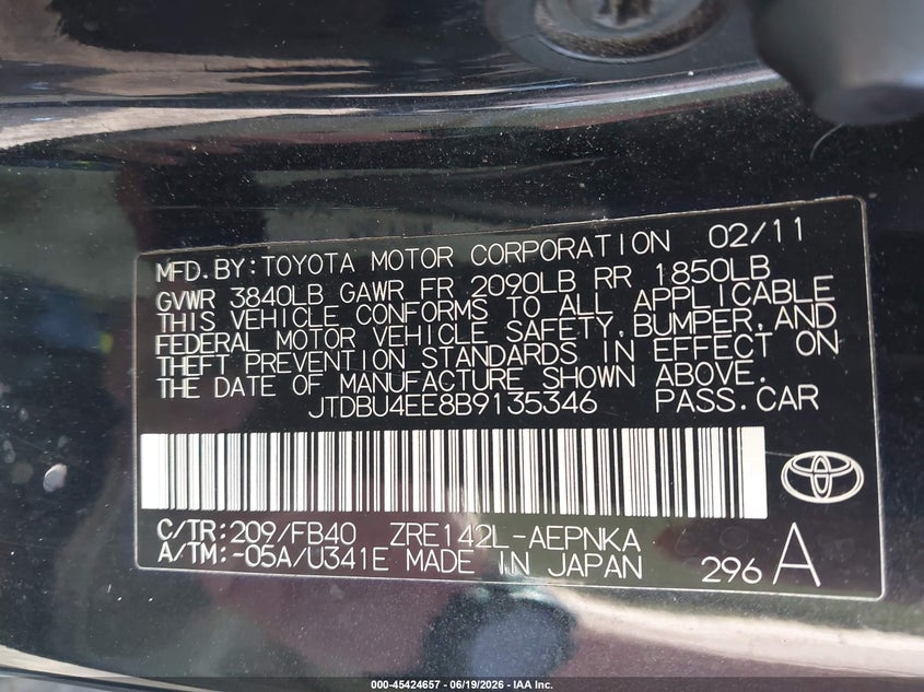 2011 Toyota Corolla VIN JTDBU4EE8B9135346 IAAI salvage auction — FRONT END, Salvage (Georgia), sold $1,300 on 2026-07-16 (photo 9)