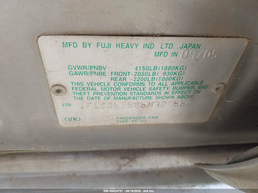 2006 Subaru Forester VIN JF1SG63686H729662 IAAI salvage auction — NORMAL WEAR, Clear (Virginia), sold $425 on 2026-07-28 (photo 9)